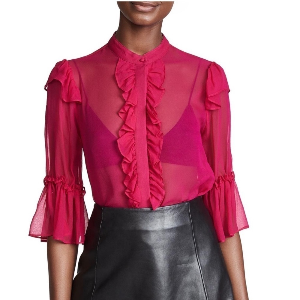 ALICE + OLIVIA Odele Ruffled Trim Silk Chiffon Blouse Sz XS
